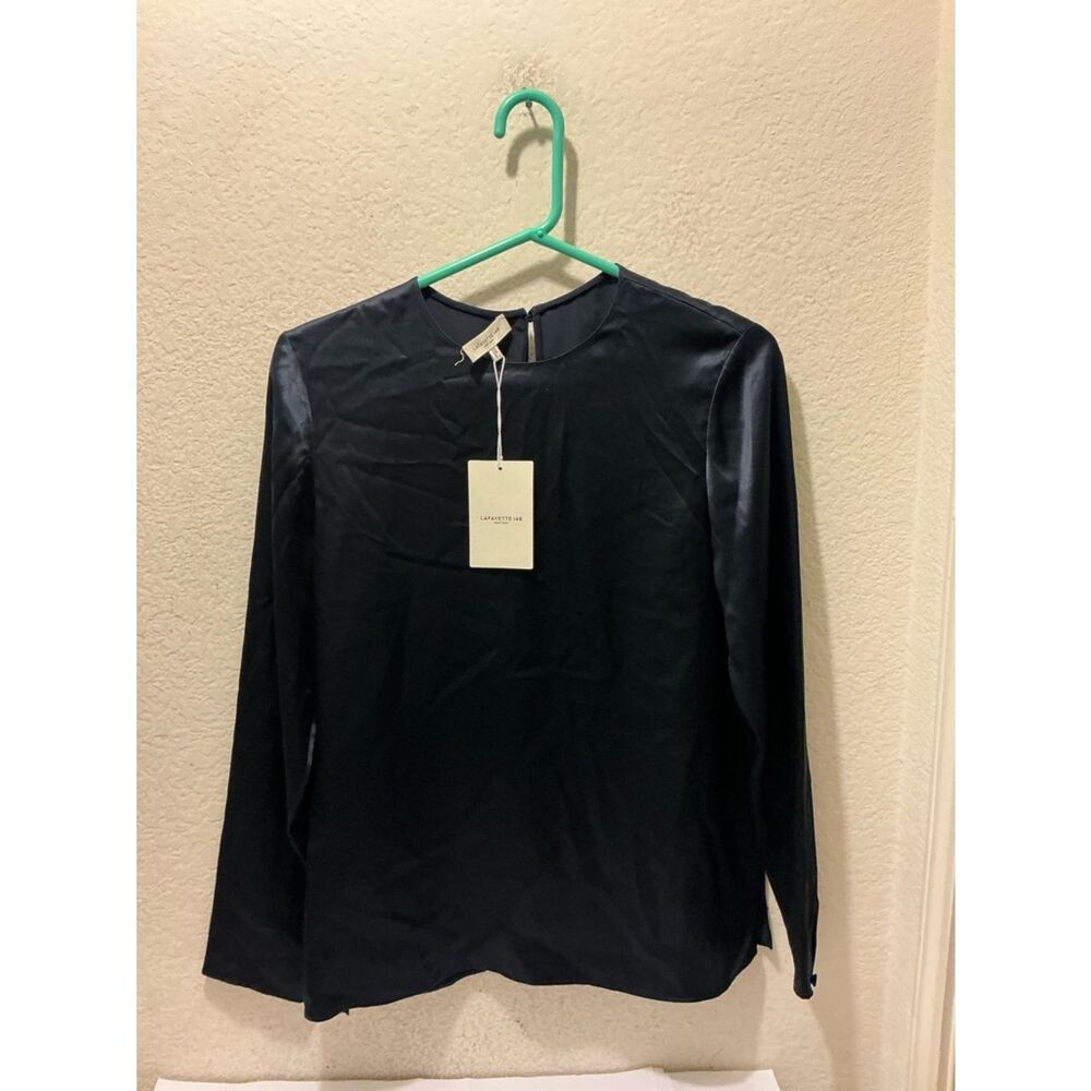 NWT Lafayette 148 New York Navy Long-Sleeve Satin Top $498 - Picture 2 of 11